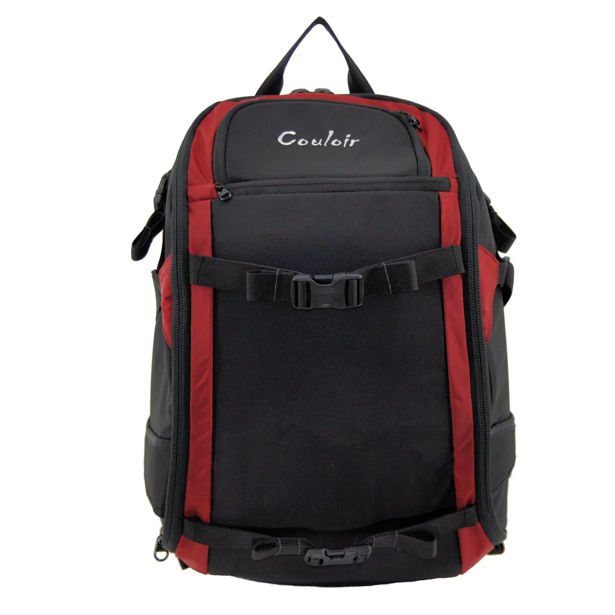 A black and red Couloir backpack with front buckles, multiple zip compartments, and a compact outdoor-ready design.