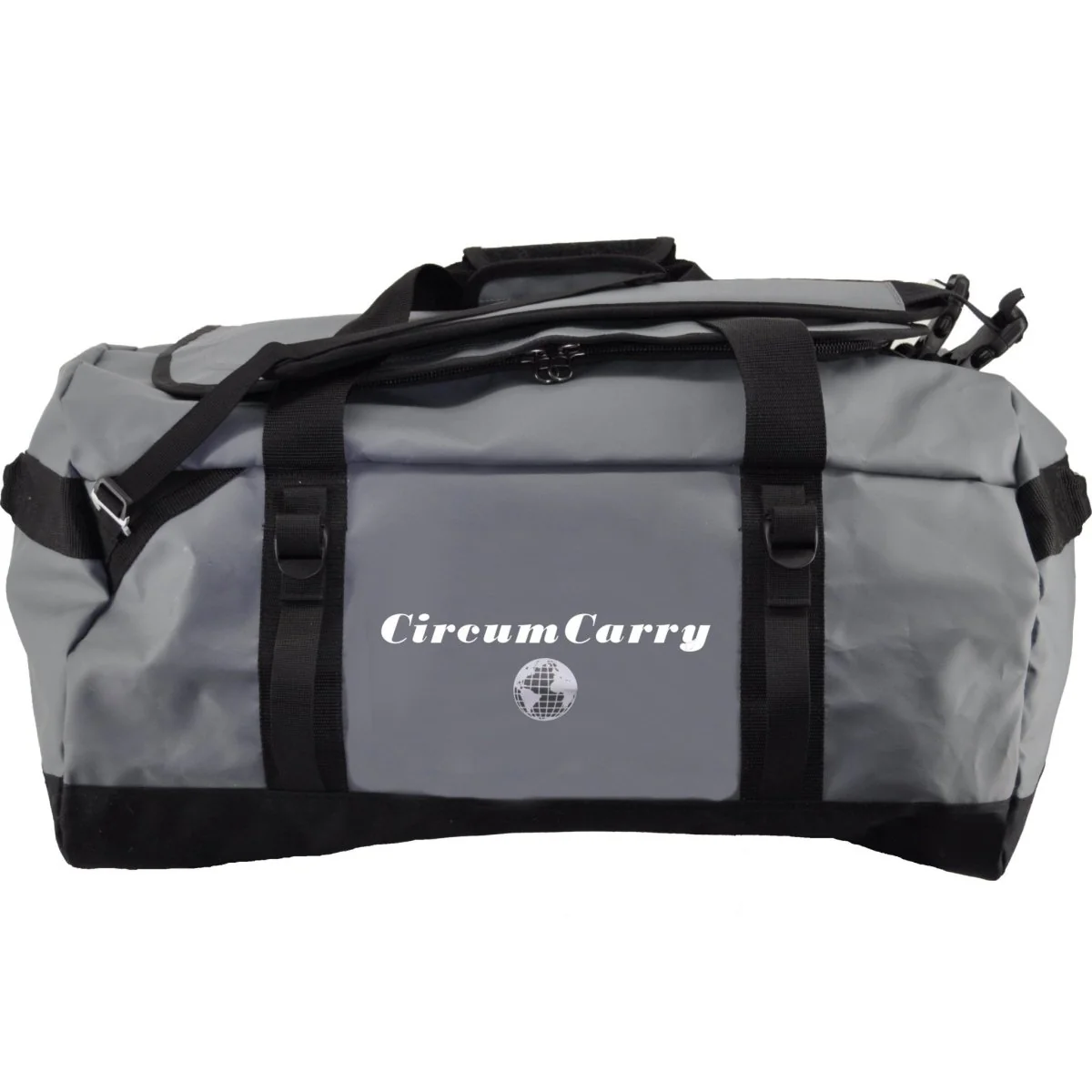 An image shows a grey CircumCarry 100-liter duffle bag against a white background. 