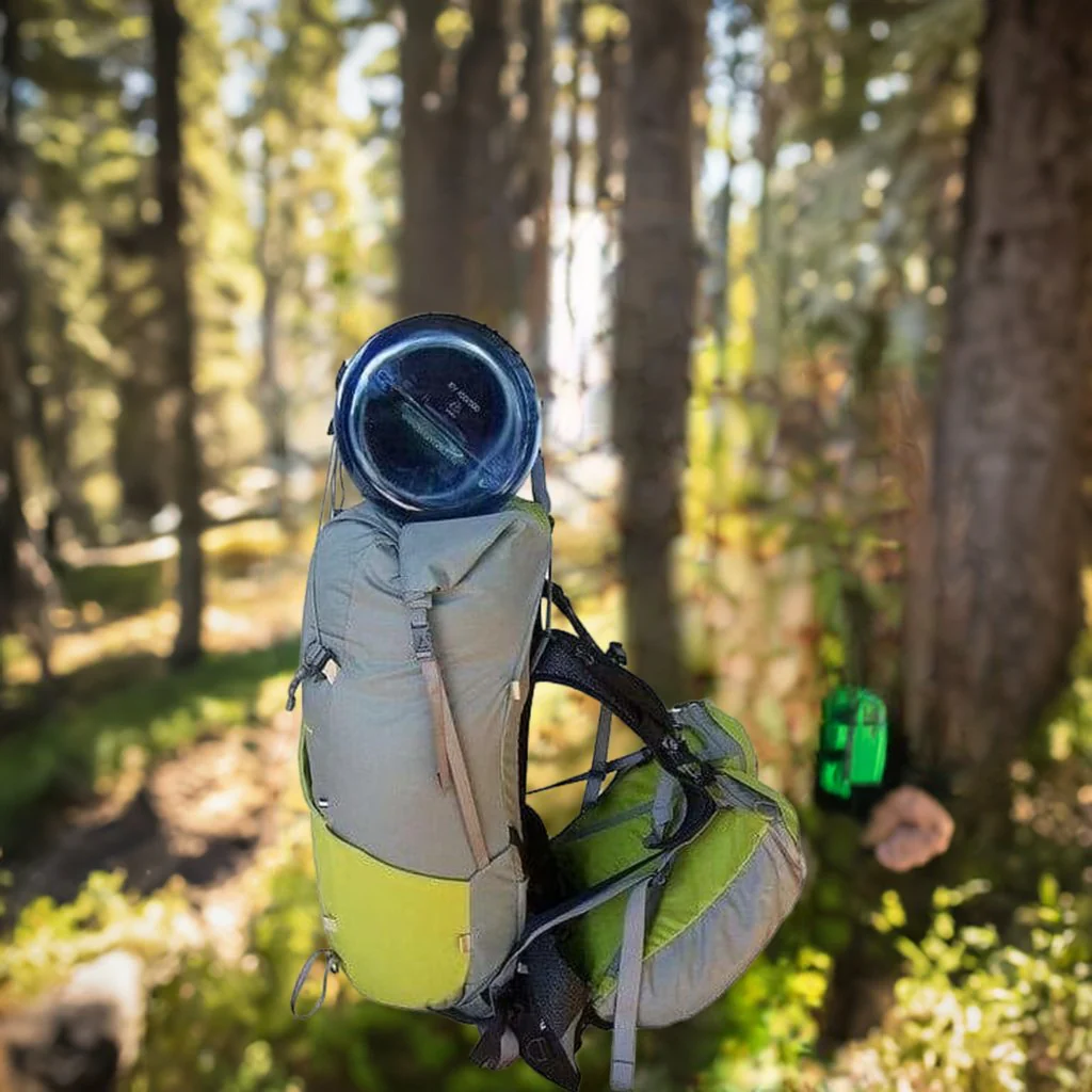 Green and gray hiking backpack with an attached water bottle hanging in a sunlit forest