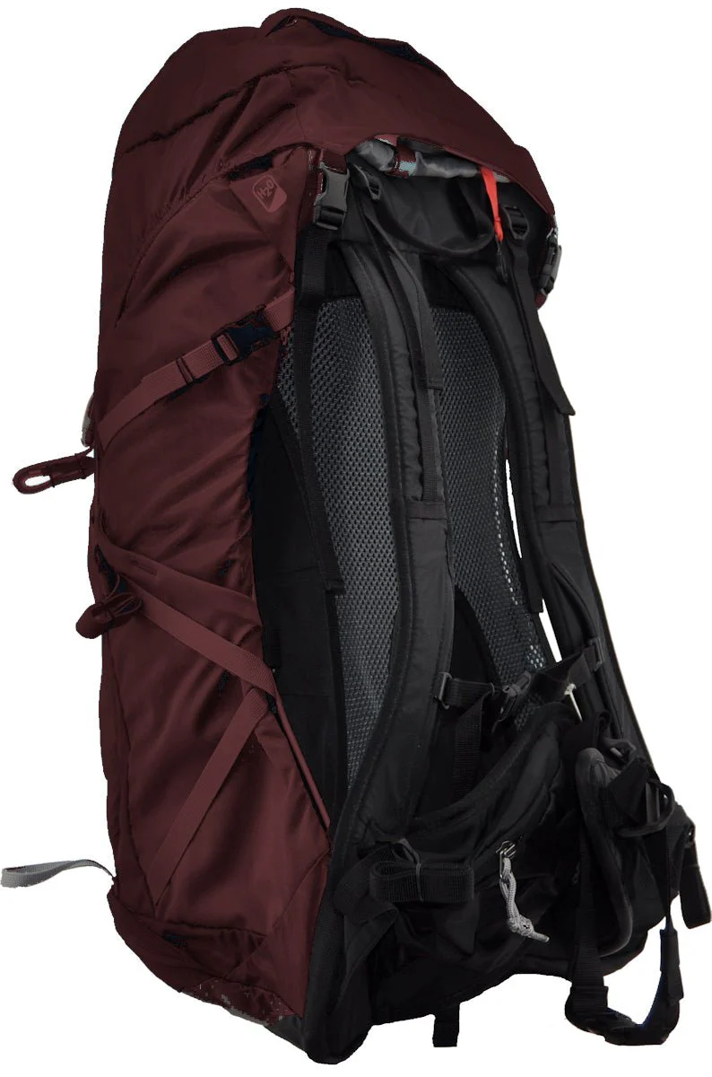 A maroon hiking backpack is shown from the side, highlighting its padded back panel. 