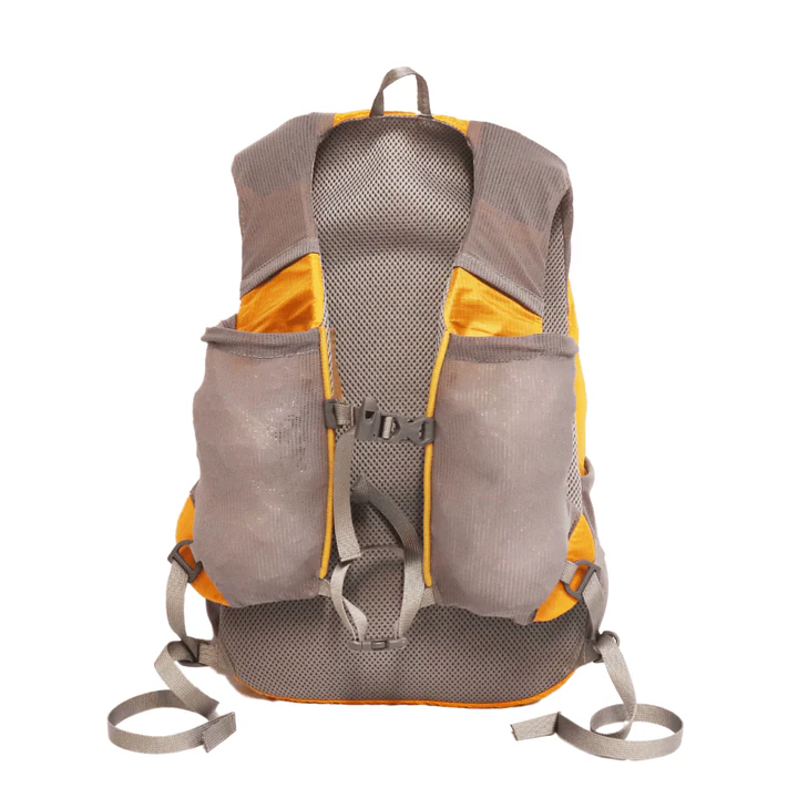 Orange and gray trail running hydration vest with dual mesh front pockets and adjustable cord pulls