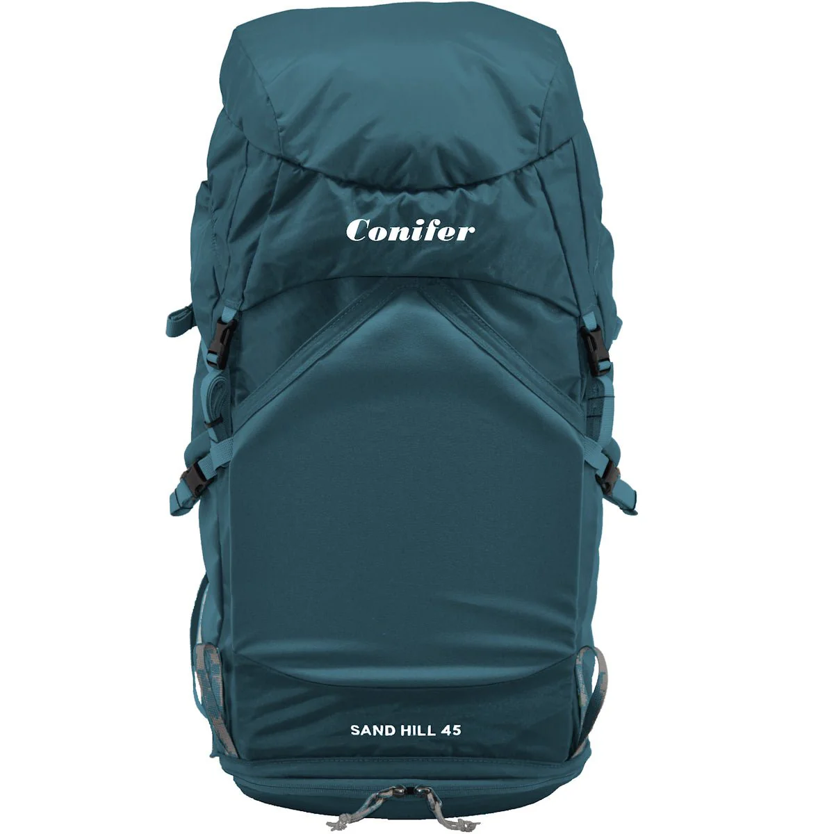 Teal 45-liter trekking backpack with adjustable compression straps and top lid pocket