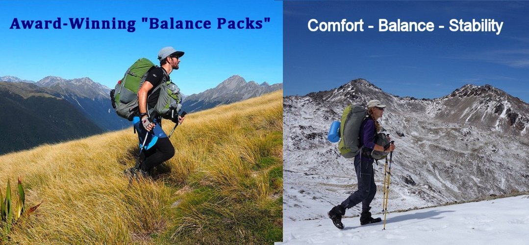 Two images of man hiking uphill and woman cross-country skiing with Aarn backpacks