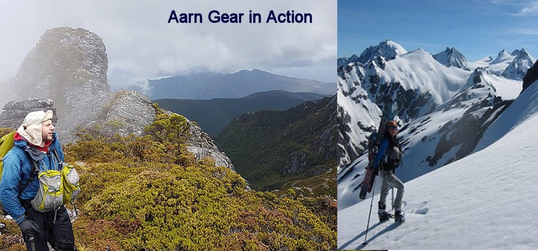 Two images of man atop mountain and woman skiing while wearing Aarn packs